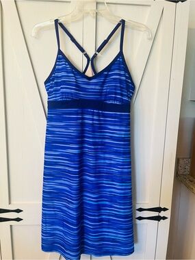 Athleta Blue Striped V-Neck dress small
